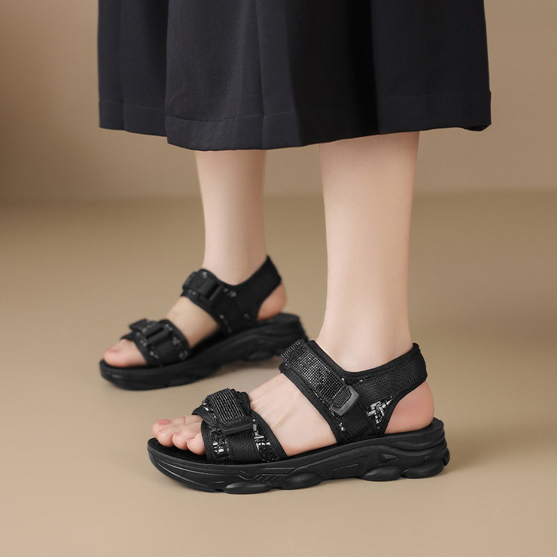 Sandal nữ đế dày quai dán đính đá phong cách thể thao — ES58 Màu be