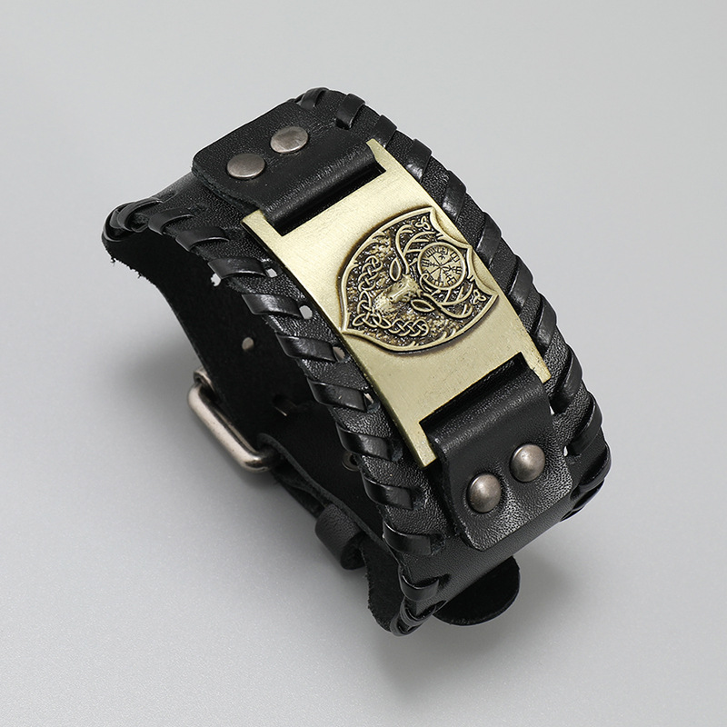Retro Menu0027s Leather Bracelet Domineering Warrior Shield Braided Bracelet