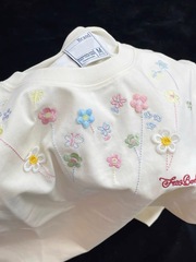 1255 # 実価 右肩2本針刺繍+花アクセサリー（純綿220g）レディース半袖Tシャツ