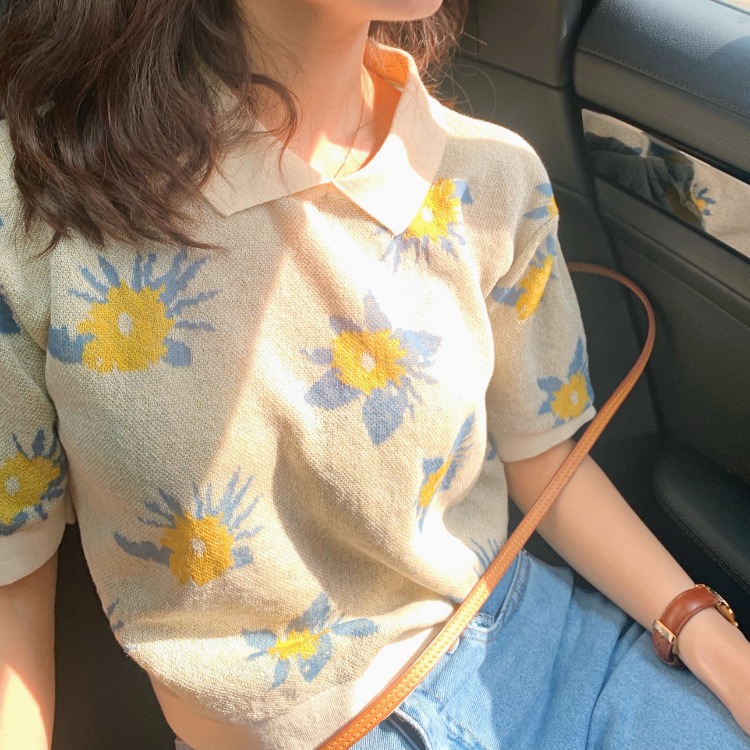 大吹女20/夏 复古法式奶油黄湖蓝花朵苎麻丝针织POLO小衫短上衣|ms