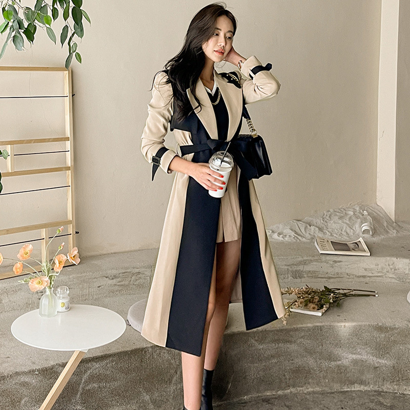British Style Windbreaker Jacket Cross-Border Women's Clothing 2025 New Korean Style Elegant Suit Collar Color Matching Lace-Up Fashion Windbreaker