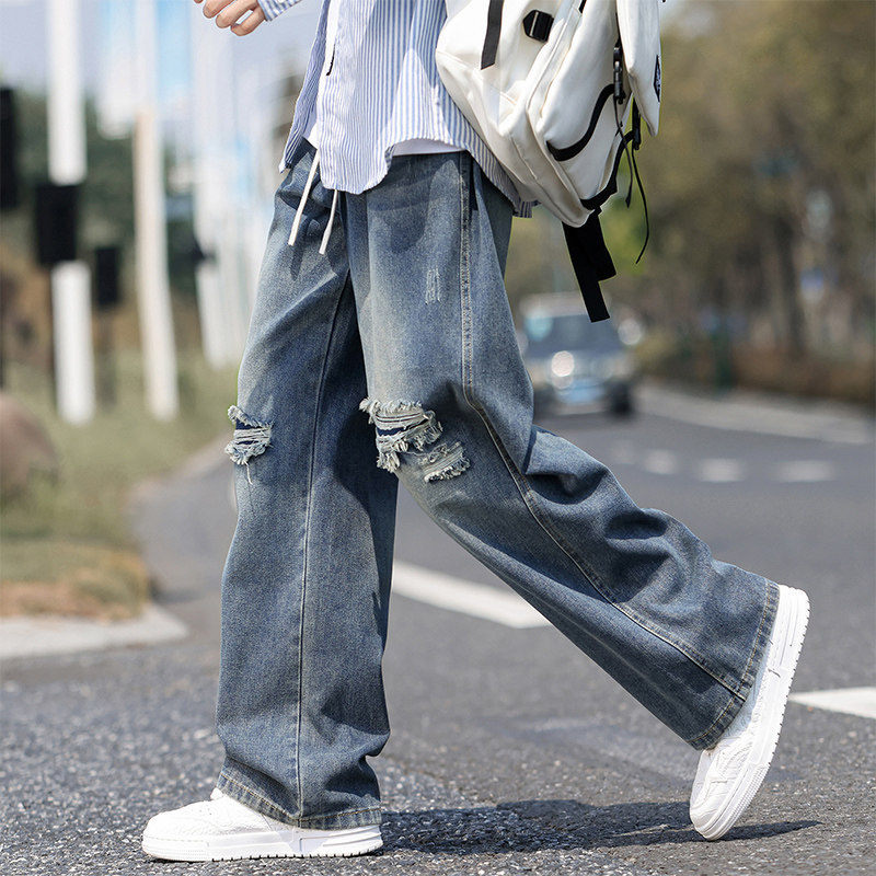 Ripped Washed Jeans for Men, Spring/Summer 2026 New American High Street Style, Cool Straight Loose Casual Pants Ripped Washed Jeans for Men, Spring/Summer 2026 New American High Street Style, Cool Straight Loose Casual Pants