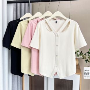 plus size women's 2025 summer new 200kg fat sister fashion Korean collarbone v collar short sleeve shirt 6283