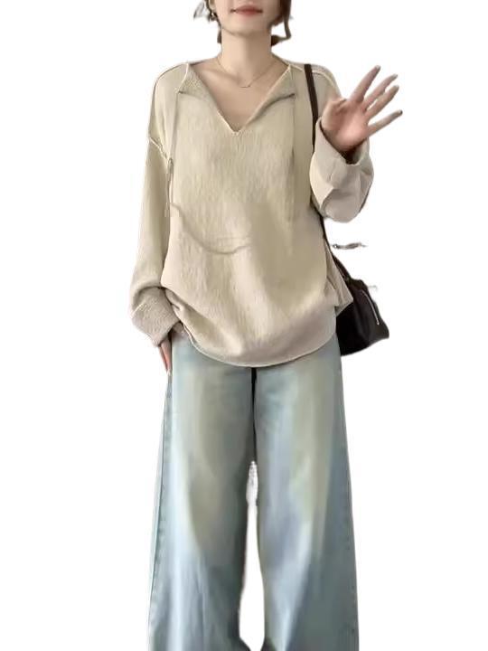 美式复古针织衫女秋季新款宽松慵懒风v领长袖毛衣显瘦设计感上衣|undefined