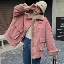 冬季大码灯芯绒棉袄外套女潮ins加绒加厚羊羔毛保暖工装棉衣服