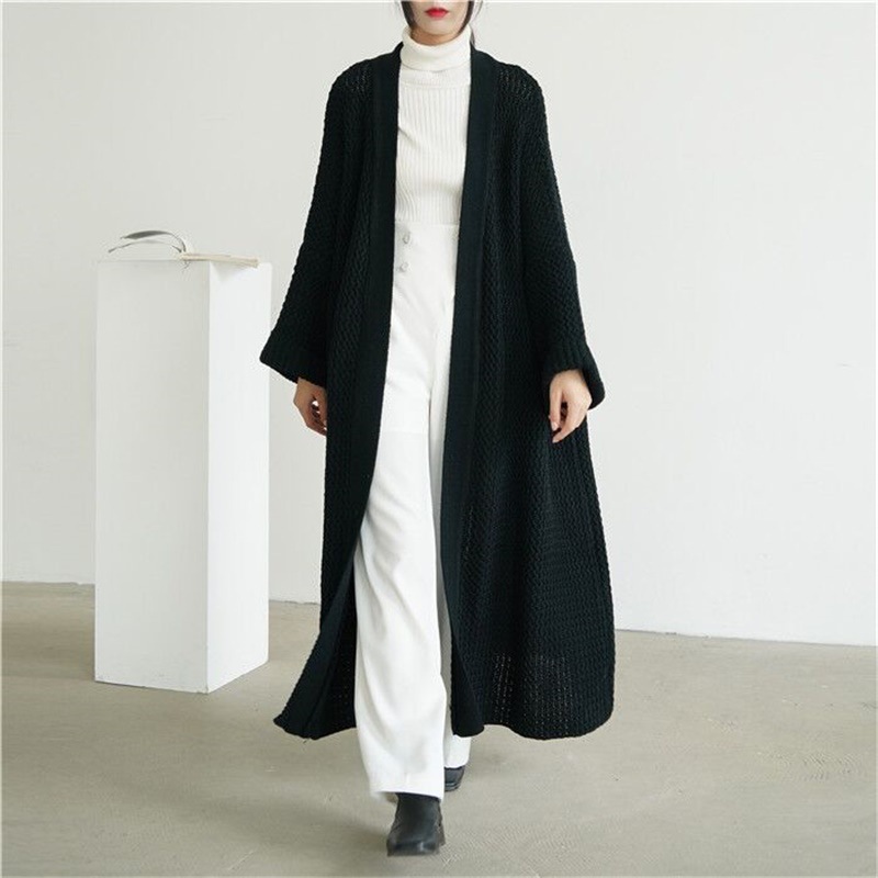 Otoño e Invierno nueva suelta larga Chaqueta de punto europeo y americano perezoso estilo grueso aguja línea elegante suéter del todo-fósforo para las mujeres image 3