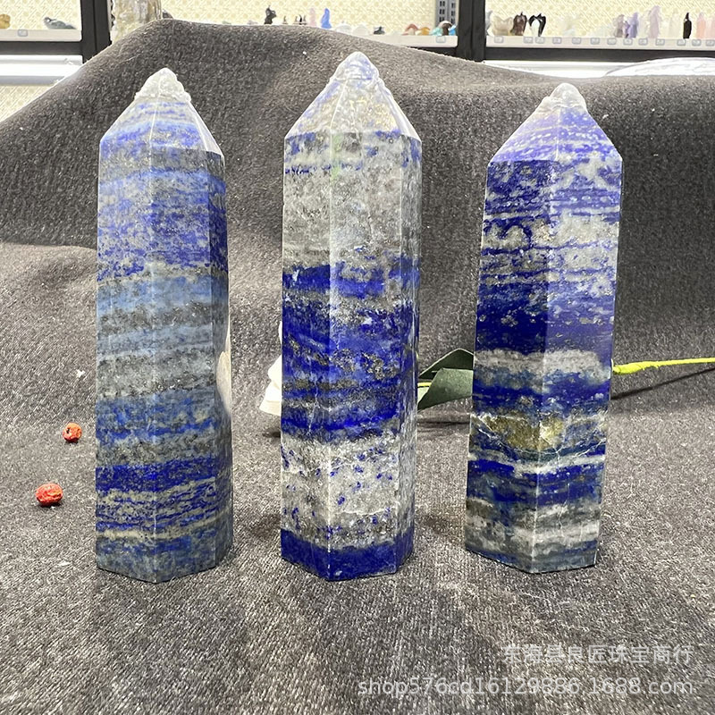 跨境新款原石雕刻青金石六棱柱摆件各类水晶工艺品节日礼品批发