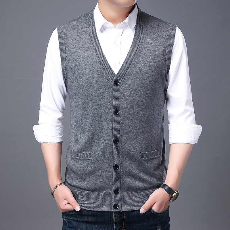 Autumn and Winter Men's New Simple Pure Color V Neck Knitted Vest Cardigan Casual Fashion Sleeveless Top Dad Wear