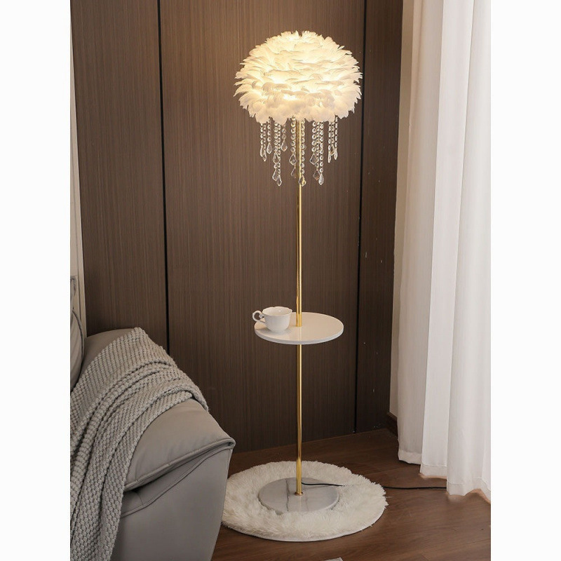 Feather Floor Lamp Crystal Storage Coffee Table Living Room Bedroom Bedside Sofa Light Luxury Nordic Cream Style Vertical Lamp