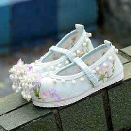 秋季儿童古风汉服鞋子女童公主宝宝古装绣花舞蹈中国风老北京布鞋