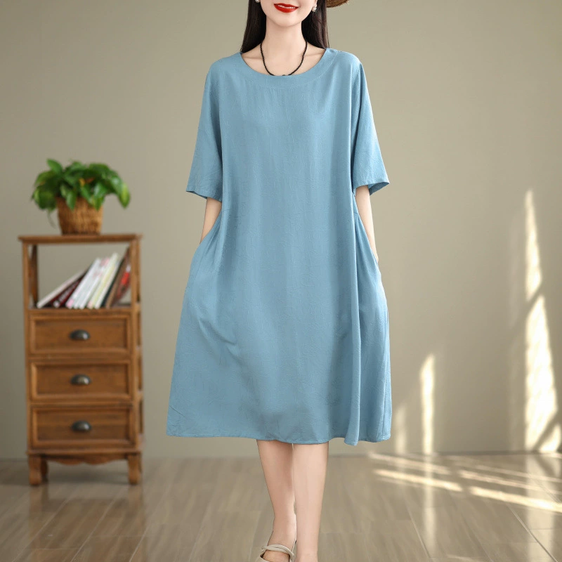 Платье из хлопка и льна 2025 года женское летнее платье новый свободный тонкий темперамент жаккардовая мама юбка с короткими рукавами