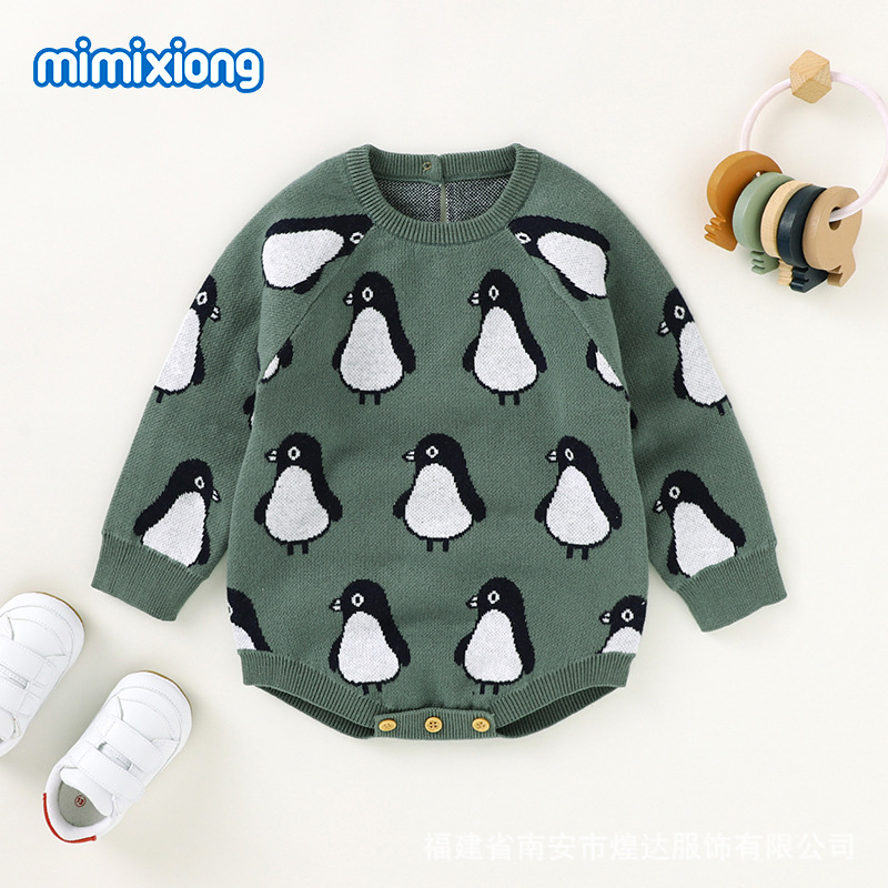 ins热卖春季新款企鹅提花婴幼儿长袖连体包屁哈衣