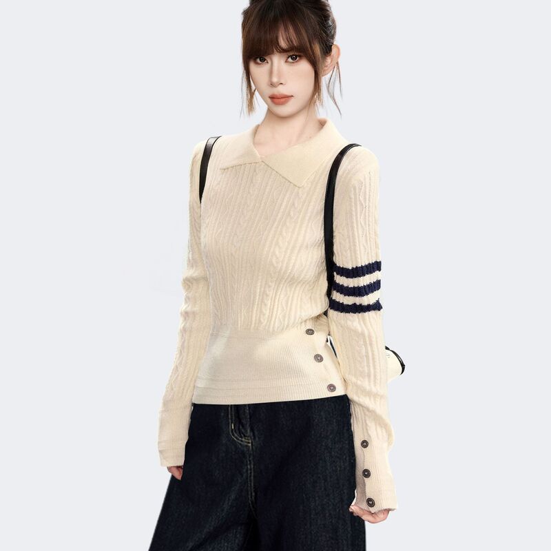 Apricot-colored POLO collar long-sleeve knitted sweater for women, autumn and winter slim-fit waist-cinching base layer top Apricot-colored POLO collar long-sleeve knitted sweater for women, autumn and winter slim-fit waist-cinching base layer top