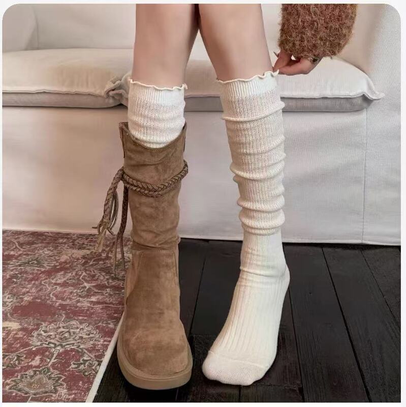 Stacked Socks Paired with Boots for Women, Spring and Autumn Miu Style Jk Socks, White Ruffled Edge Long Socks, Long Boots, Calf Socks Stacked Socks Paired with Boots for Women, Spring and Autumn Miu Style Jk Socks, White Ruffled Edge Long Socks, Long Boots, Calf Socks