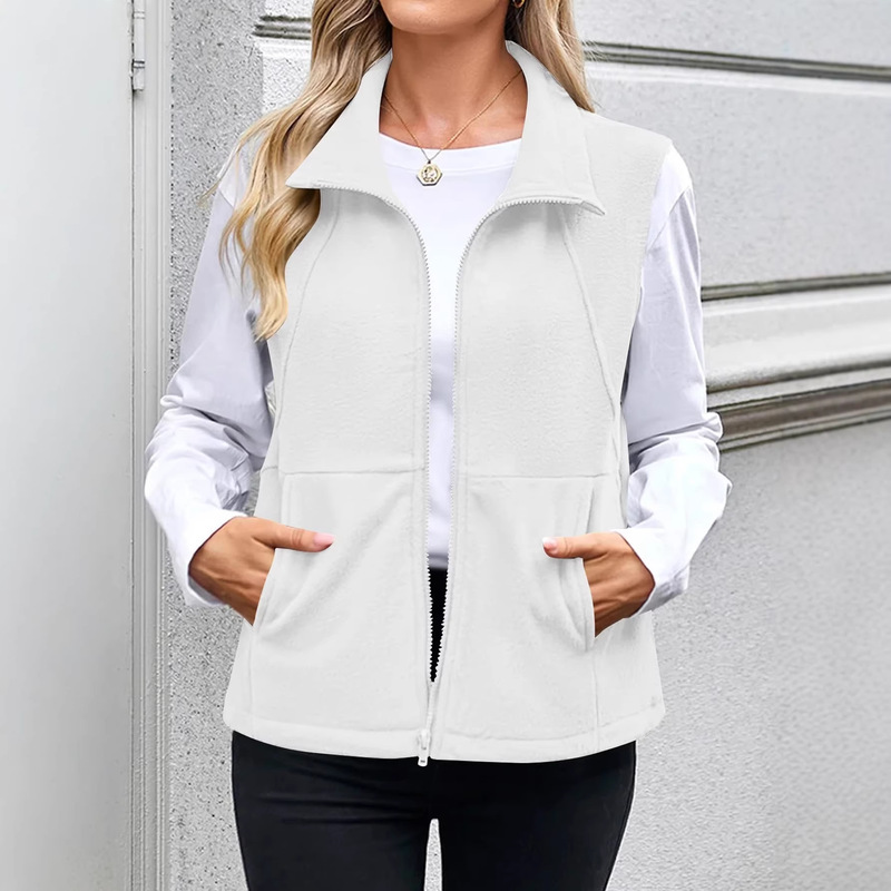 Women's Zip-Up Fleece Vest for Spring and Autumn, Warm Sleeveless Cardigan with a Turn-Down Collar and Pockets