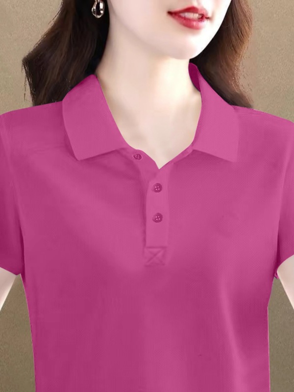 ラペル半袖Tシャツレディースピュアコットン大きいサイズ万能夏服新しいゆったりポロシャツレディース年齢軽減トップス|undefined
