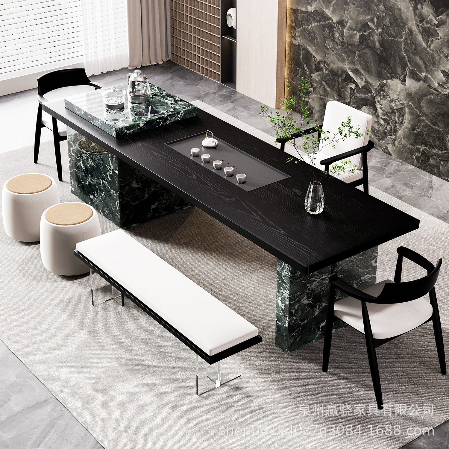 [인기 패키지] 티 테이블 2.8m + 학사 의자 + 히로시마 의자 *2 + 벤치 1.4m개 + 푹신한 스툴 *2