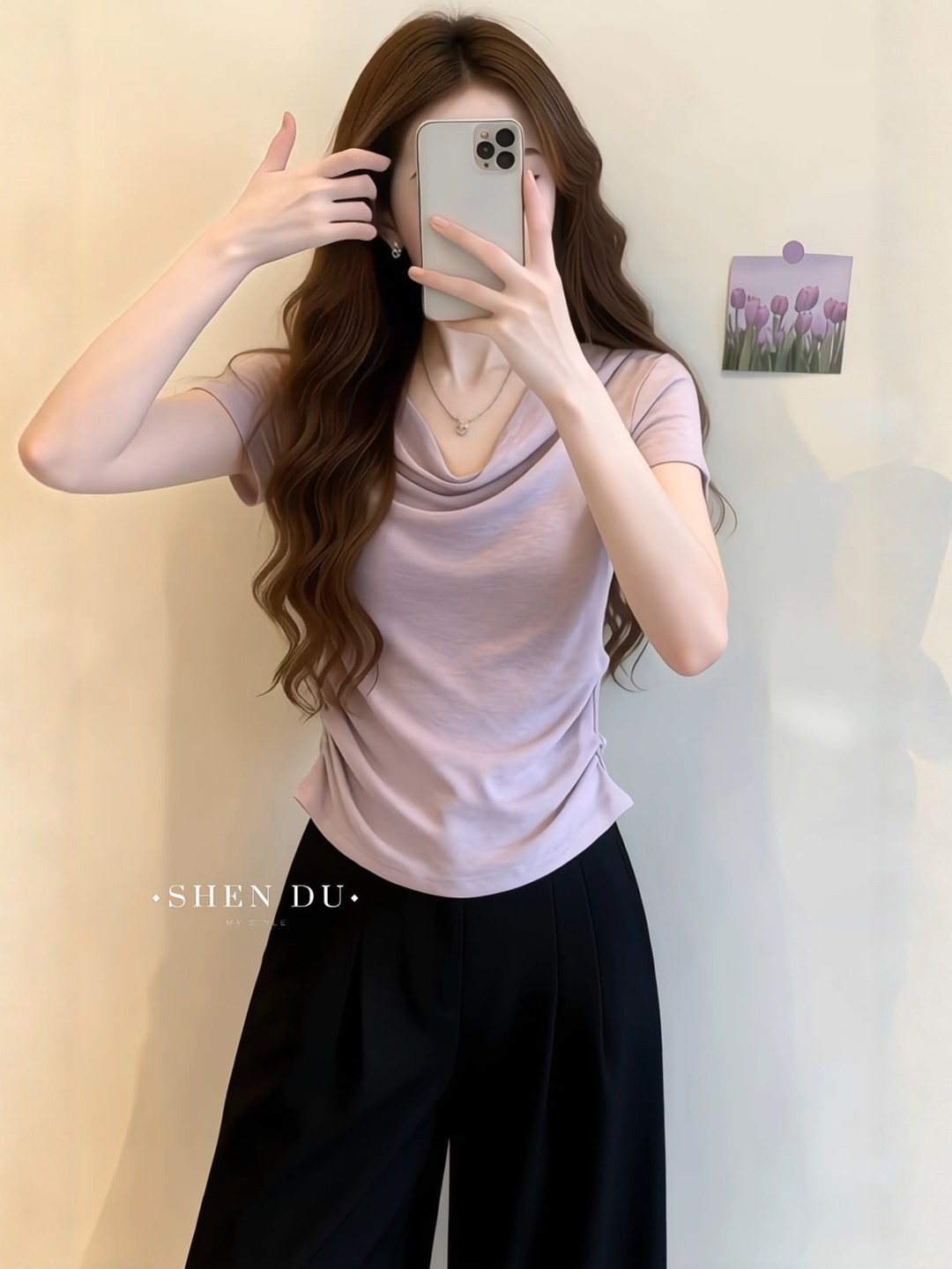 Áo thun tay ngắn cổ tròn màu tím phối nếp gấp eo che bụng cho nữ — Màu ảnh