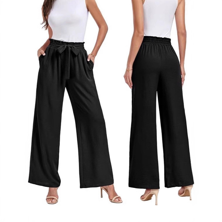2025 pantalones de piernas anchas de mujer cintura alta elegante ajustable nudos pantalones largos largos casuales de negocios correa de bolsillo para mostrar piernas largas image 5