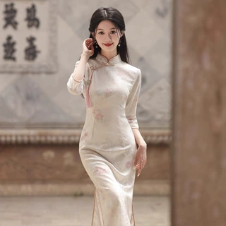 粉色蕾丝印花旗袍裙温柔风绝美新中式国风年轻款少女长袖连衣裙