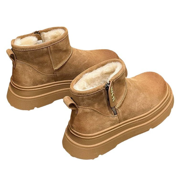 Fleece winter platform boots, warm ankle boots, side zipper, deep khaki/camel, sizes 35–40