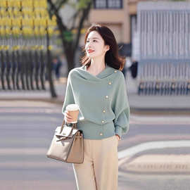 独特别致绿色针织衫女秋装新款小众不撞款韩系设计感洋气上衣通勤