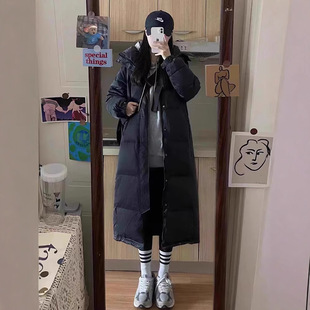 Black Chinese Opera Down Jacket Women's Long Knee-length Thickened Loose Removable Cap 2024 New Couple Winter
