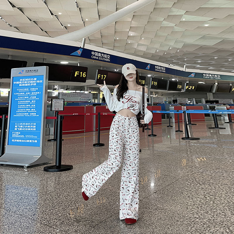 Cute Cartoon White Jeans, Wide-Leg Loose-Fitting Women's Summer Denim Straight-Leg Pants, High-Waisted Slimming Pants for Women