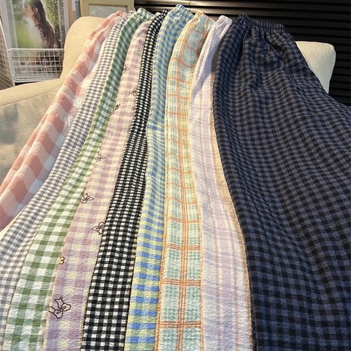 Women's Tall Length Grid Pajama Pants Lightweight Strolling Pants Simple Casual Loose Wearable Extra Long Home Pants