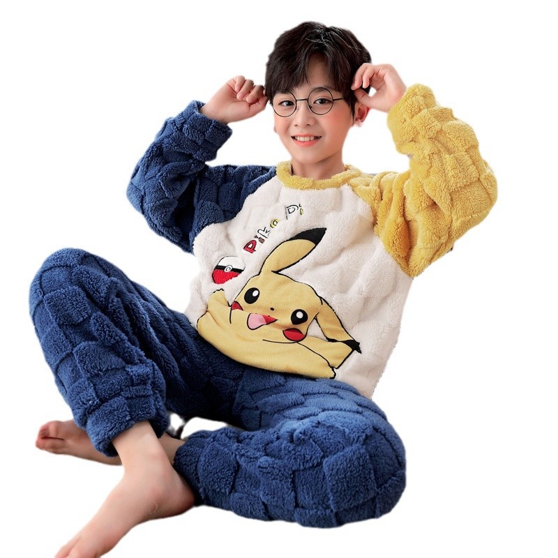 2024 년 새로운 어린이 잠옷 산호 양털 겨울 기모 두꺼운 소년 십대 학생  가을과 겨울