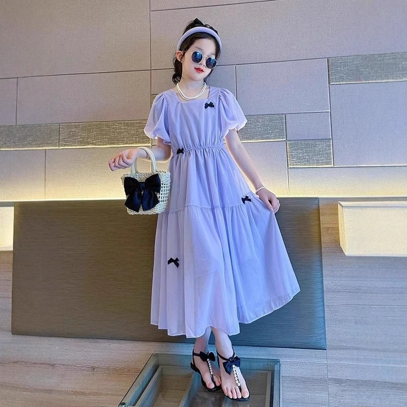 2025 New Girls Summer Dress Short-Sleeved Girl Dress Summer Purple High-End Princess Dress for Middle and Large Children