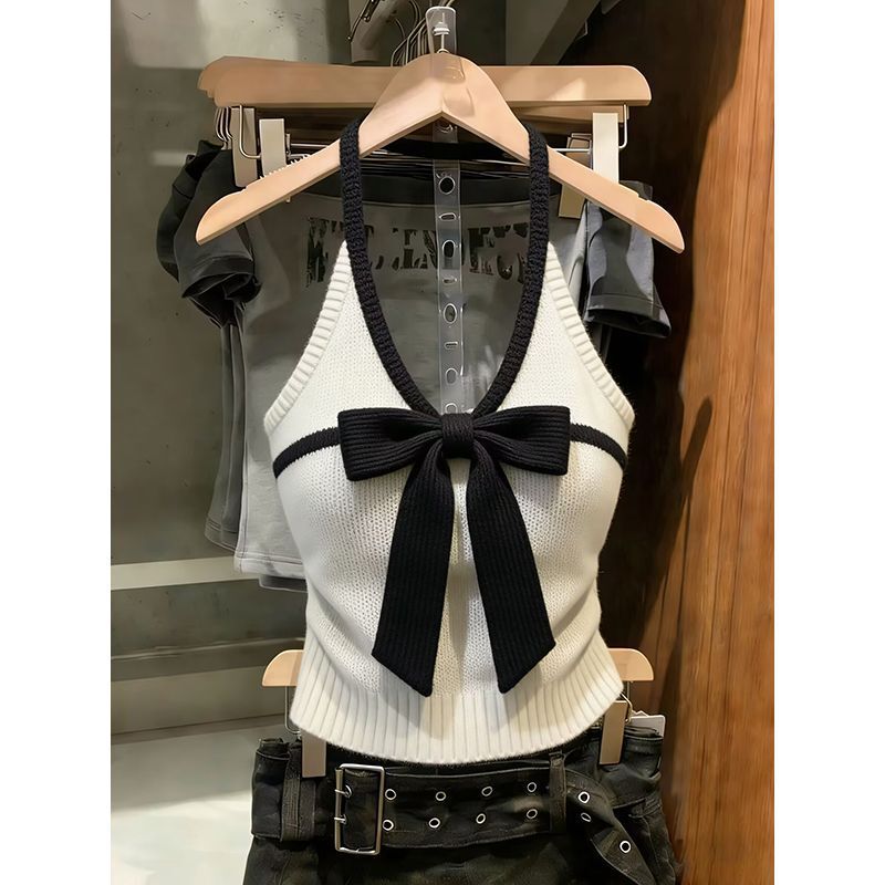 New French-Style Bowknot Design Camisole Knit Tank Top, Sleeveless Slim-Fit Hot Girl Short Chic Base Shirt New French-Style Bowknot Design Camisole Knit Tank Top, Sleeveless Slim-Fit Hot Girl Short Chic Base Shirt