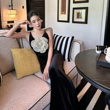 黑色性感深V领大花朵丝绒鱼尾连衣裙名媛宴会敬酒车展模特礼服裙