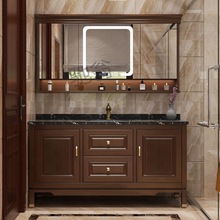 Xac卫浴新中式浴室柜组合落地式红橡木岩板洗手洗脸双盆柜洗漱台