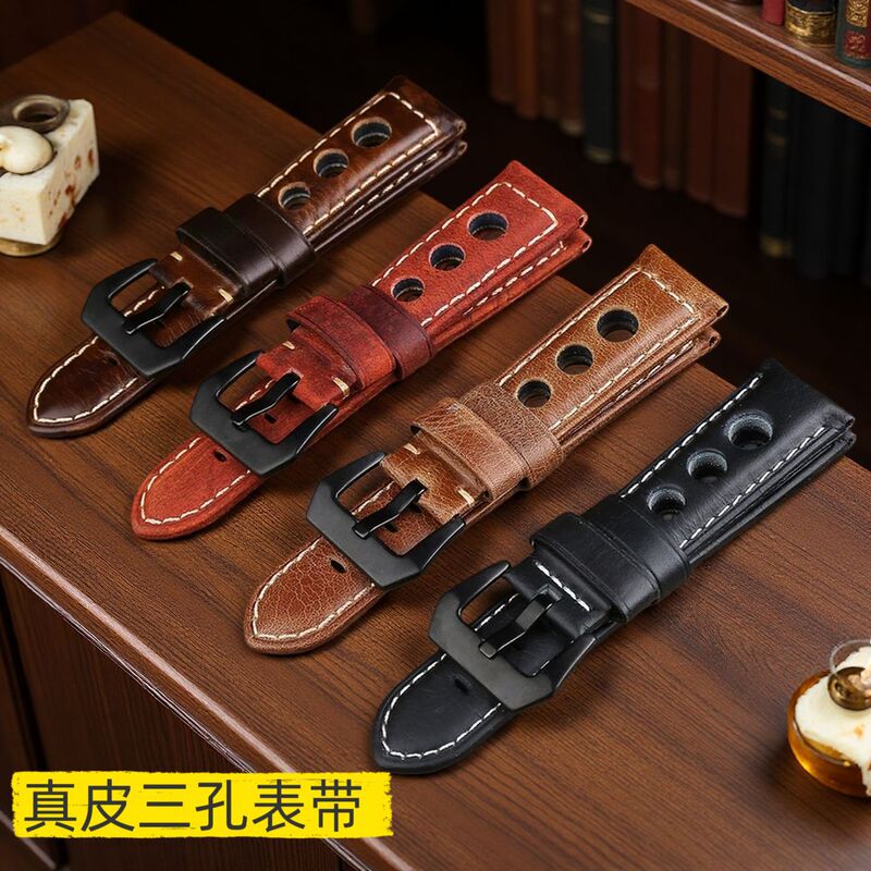 Suitable for Panerai Retro Watch Straps, Universal Three-Hole Breathable Leather Strap, 20 22 24mm Leather Strap Suitable for Panerai Retro Watch Straps, Universal Three-Hole Breathable Leather Strap, 20 22 24mm Leather Strap