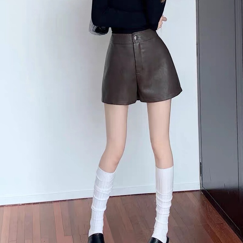 Korean Style Pu Leather Pants for Women in Autumn and Winter, Hot Girls, High Waist, Slimming Look, Ladylike A-Line Casual Wide-Leg Shorts, Outer Boot Pants