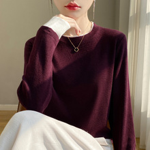 跨境2025秋冬女装新款宽松圆领拼色短款假两件打底上衣针织衫服饰