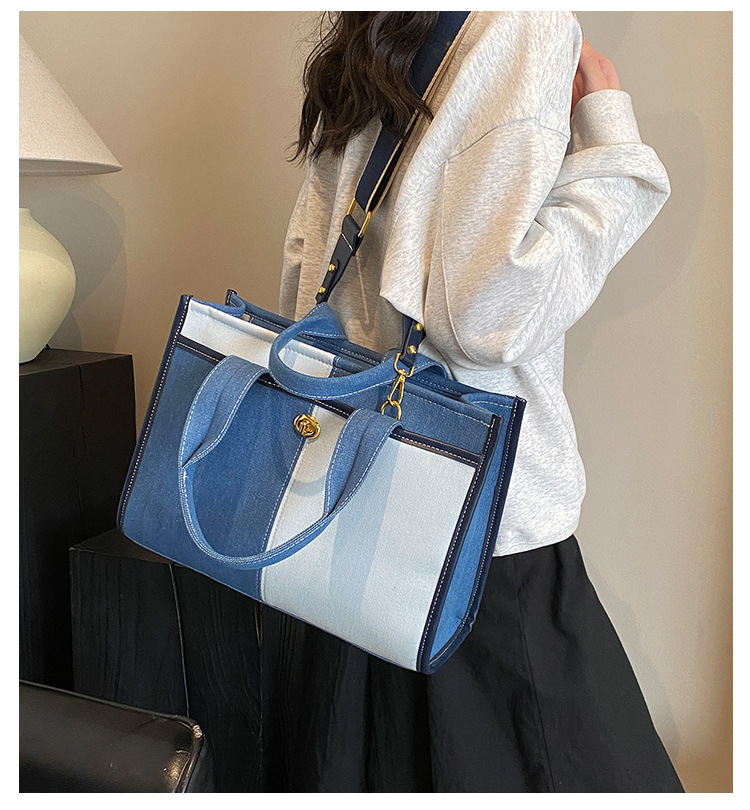 Women's Large Denim Color Block Basic Classic Style Zipper Tote Bag display picture 1