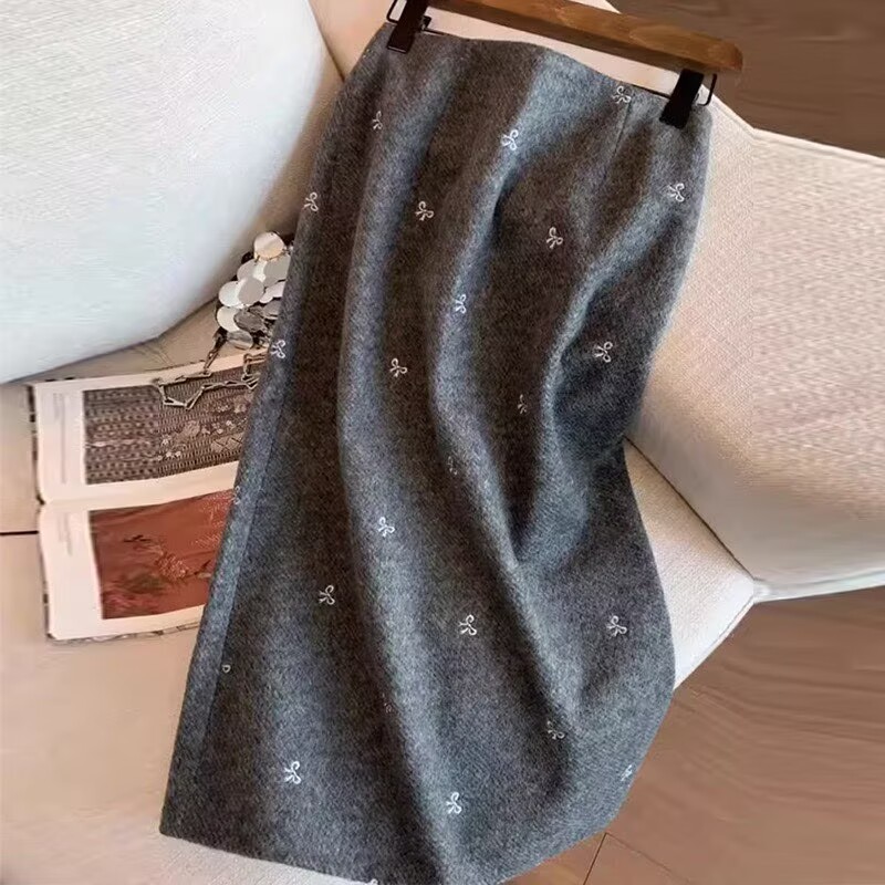 Chân váy len nữ thêu nơ kiểu Hàn Quốc cao cấp — màu xám chi tiết 3