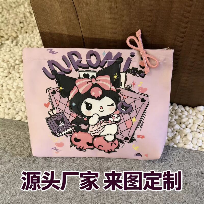 Sweet and Cool Style Pink Kuromi Clutch Bag with Girly Heart Print Canvas Makeup Bag Student Stationery and Miscellaneous Storage Bag