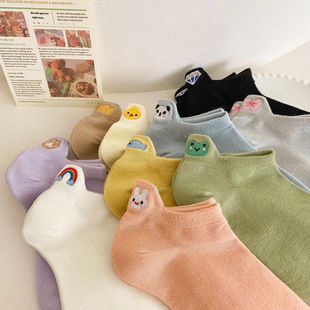 春夏短襪提跟10色動物刺繡款襪子女士抗菌清新簡約馬卡龍色系女襪