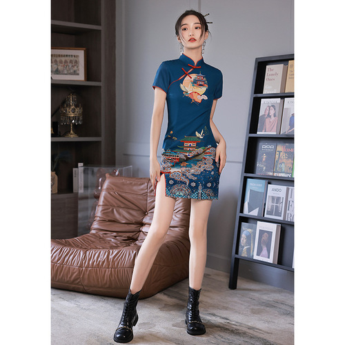 The tide of prineted qipao new improved version of the Chinese dresses paragraphs young little short Fried street female summer dress