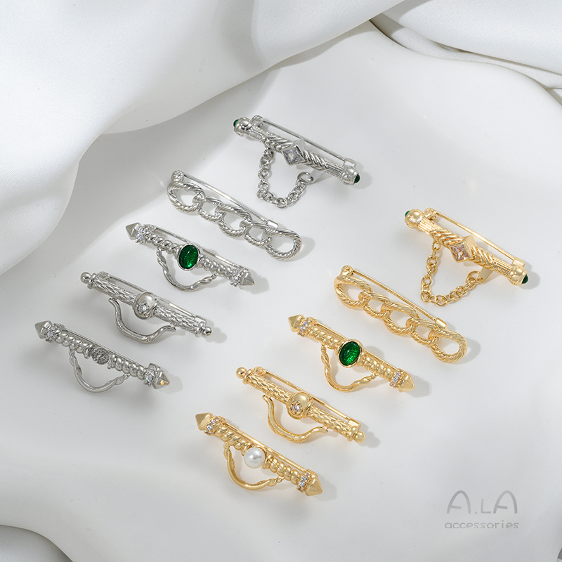 Color preserving 14K package gold engraved with zircon one-word brooch chain diy sticky pearl pendant pin accessories