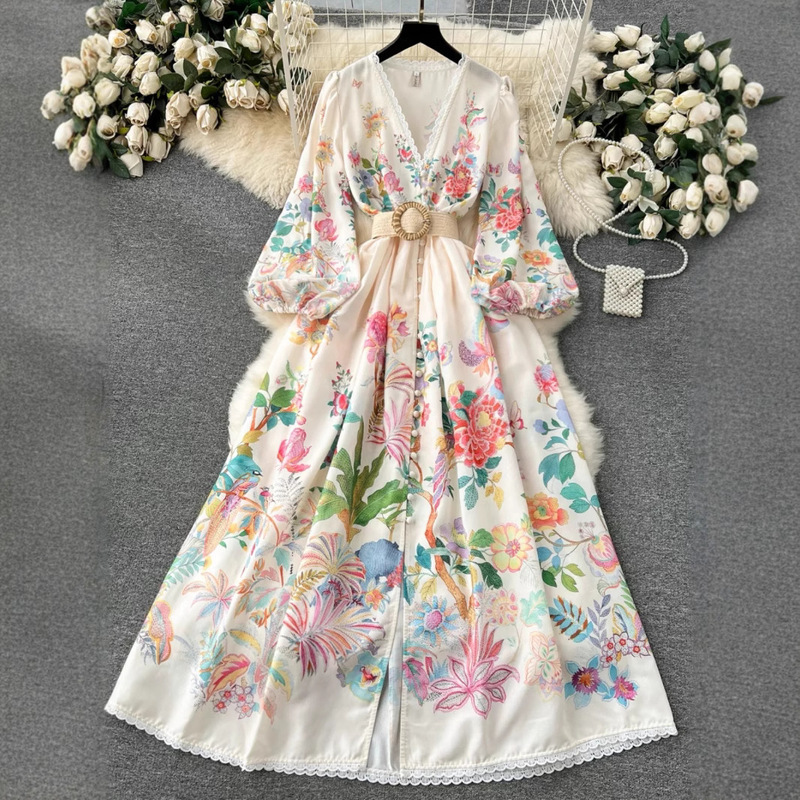 Cross-border French Court Style Dress Women's Sweet Lace V-neck Breasted Slim-fit Long Design Dress