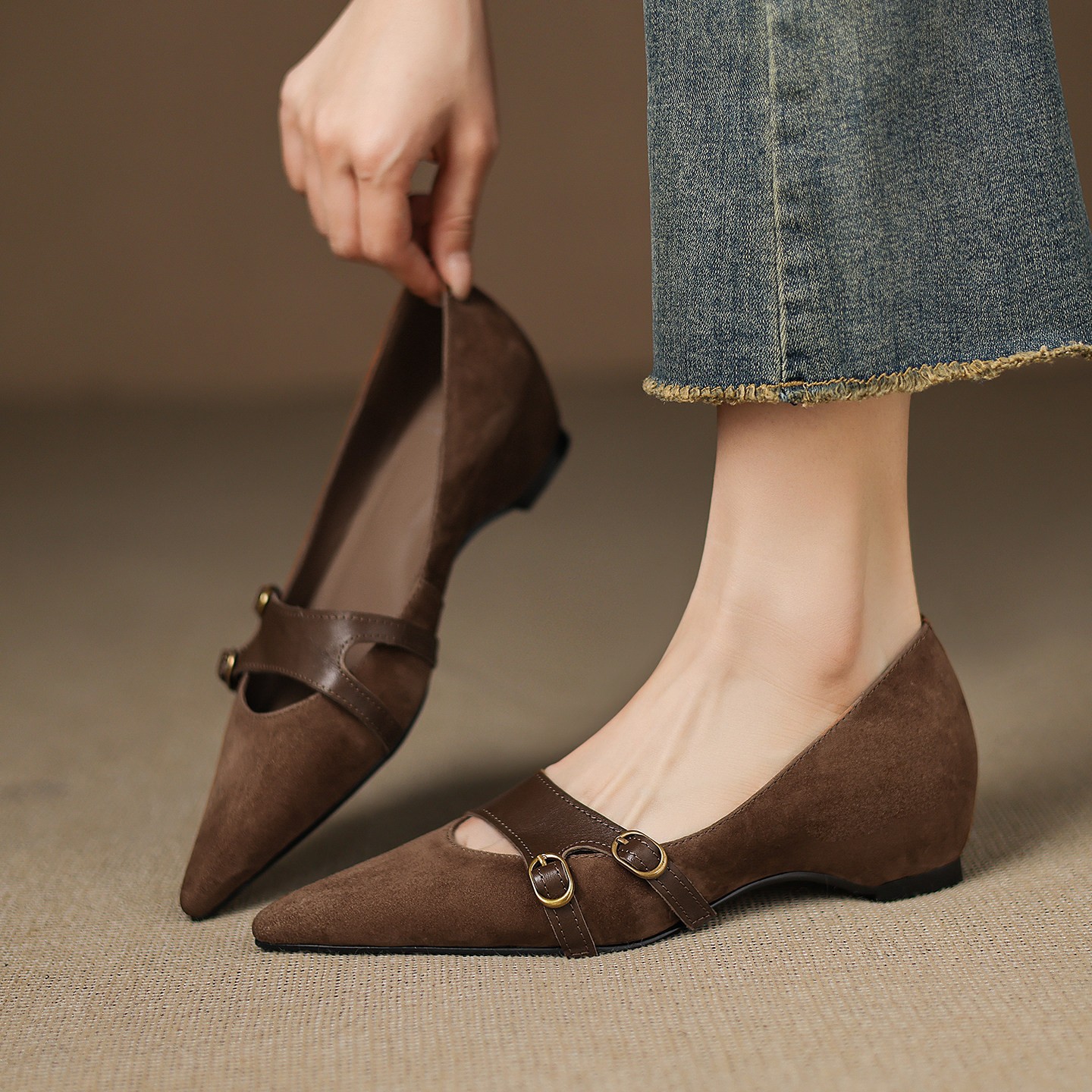 Retro Mary Jane shoes pointed-toe with hidden heel low-cut, suitable for spring and autumn, genuine leather, visually slimming
