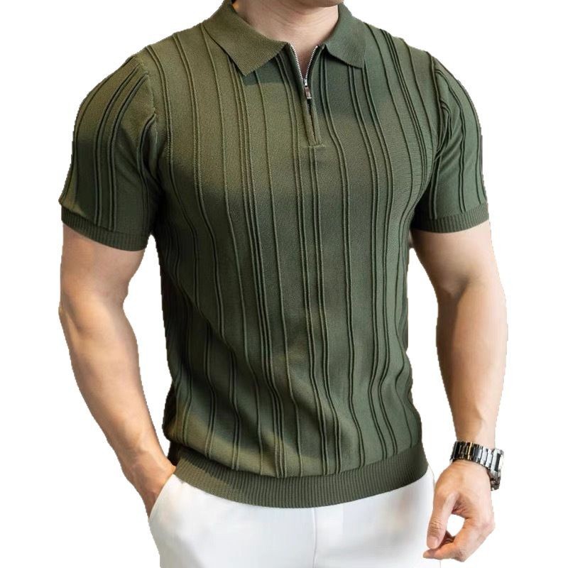 ニット折り襟Polo半袖tシャツ男性アメリカレトロ男性夏の薄いファッション韓国版ストライプtシャツ男性服|undefined