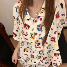 白底米奇全棉双层纱布夏季小翻领短袖短裤套装睡衣宽松家居服