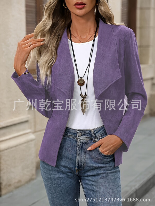 2025新款跨境外贸欧美女装纯色西装翻领无扣修身时尚外套开衫上衣|undefined