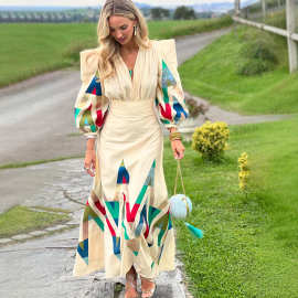 欧美亚马逊2023秋季新款印花设计感时尚气质通勤裙套装连衣裙女