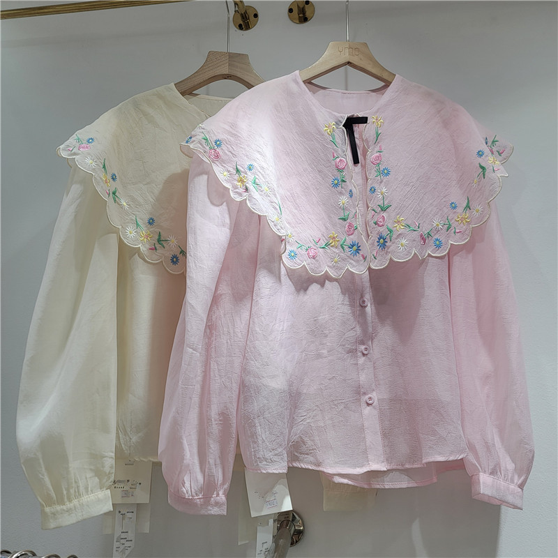 Conjunto de 2 Piezas de Camisa con Cuello Bebé para Mujer de Poliéster con Bordado Floral para Verano